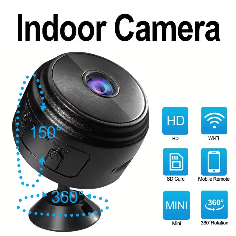 Small black plastic indoor Wi-Fi camera with a 150-degree lens, 360-degree rotation base, HD video, and SD card slot.