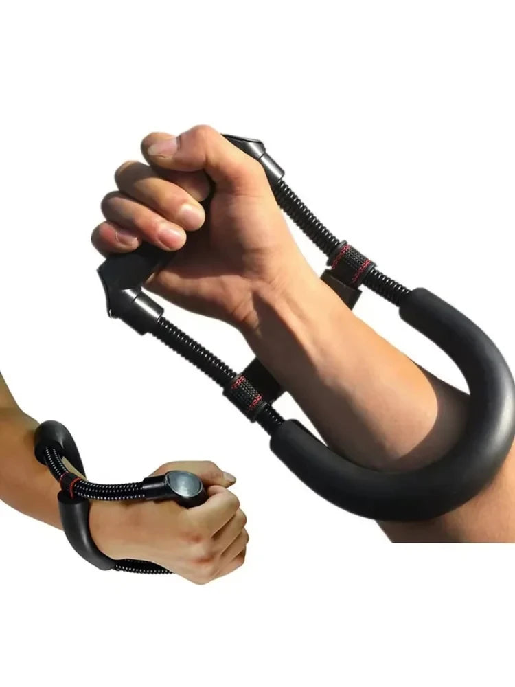 Black forearm and wrist exercise trainer with tension spring and foam-padded arm support, shown in use.