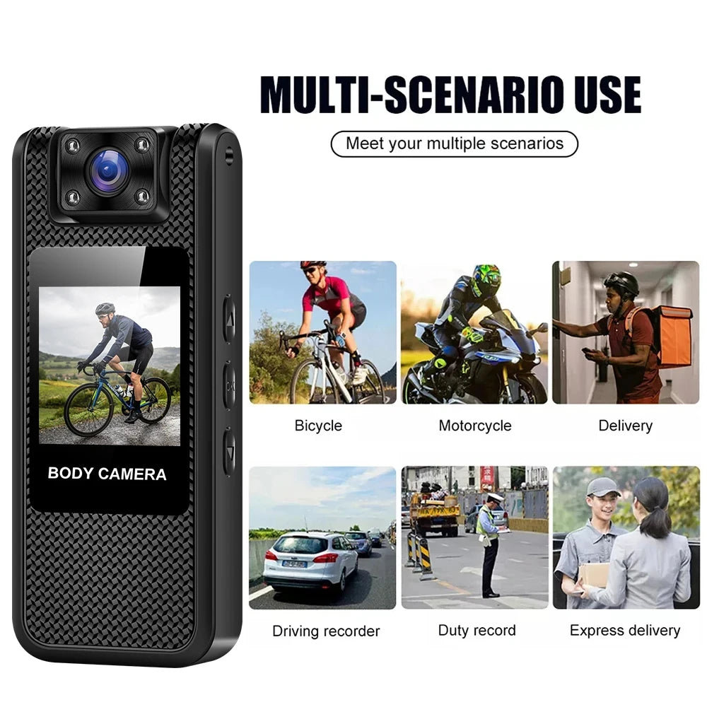 Black portable body camera with textured plastic casing, featuring a front lens and display screen.