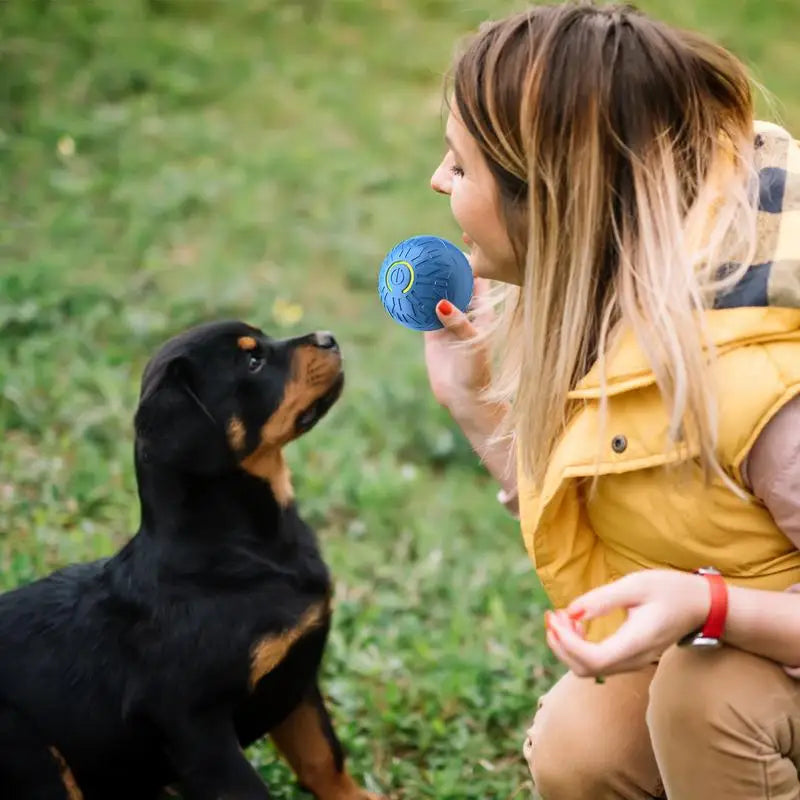 A woman holding a textured blue automatic ball toy in front of a puppy outdoors in a garden setting.