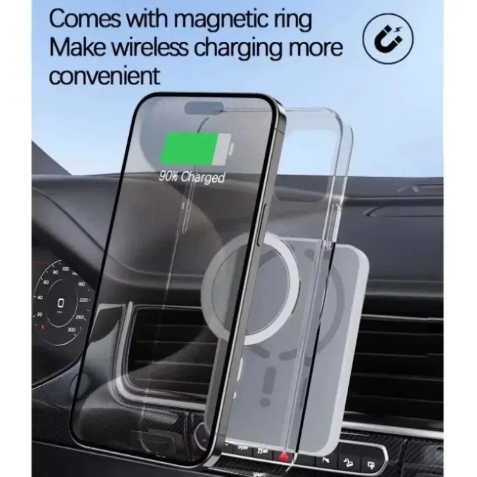Clear magnetic phone case on a smartphone, mounted on a car dashboard for convenient wireless charging.
