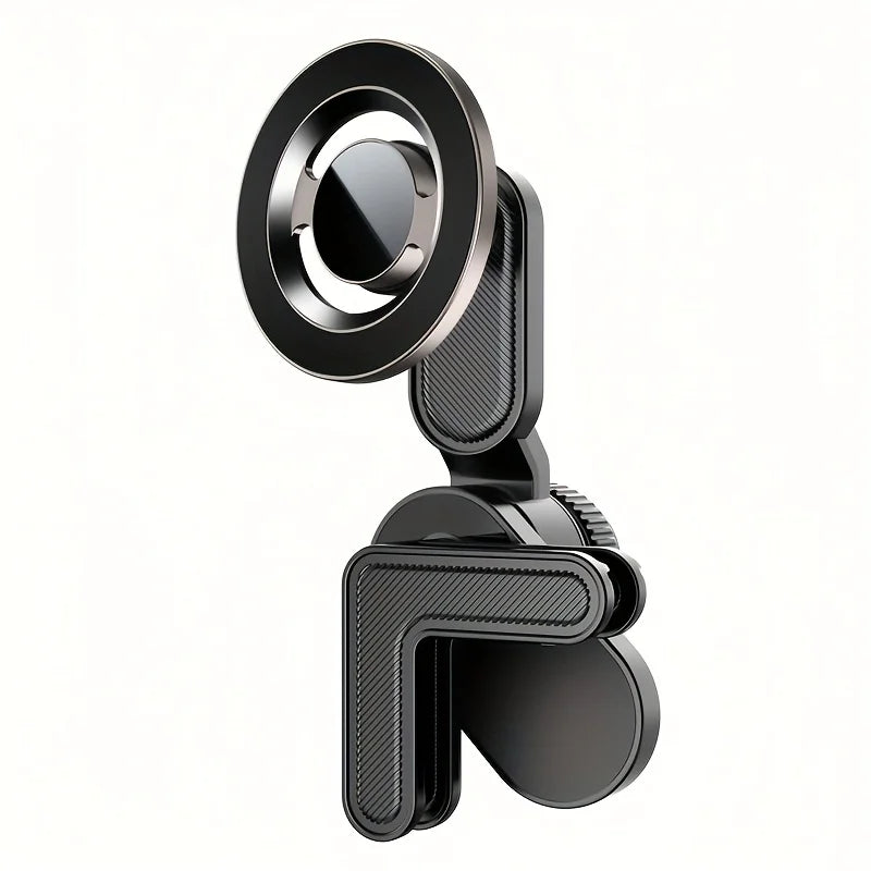 Black magnetic car phone mount with circular head and L-shaped vent clip, featuring sleek, minimalist industrial design.