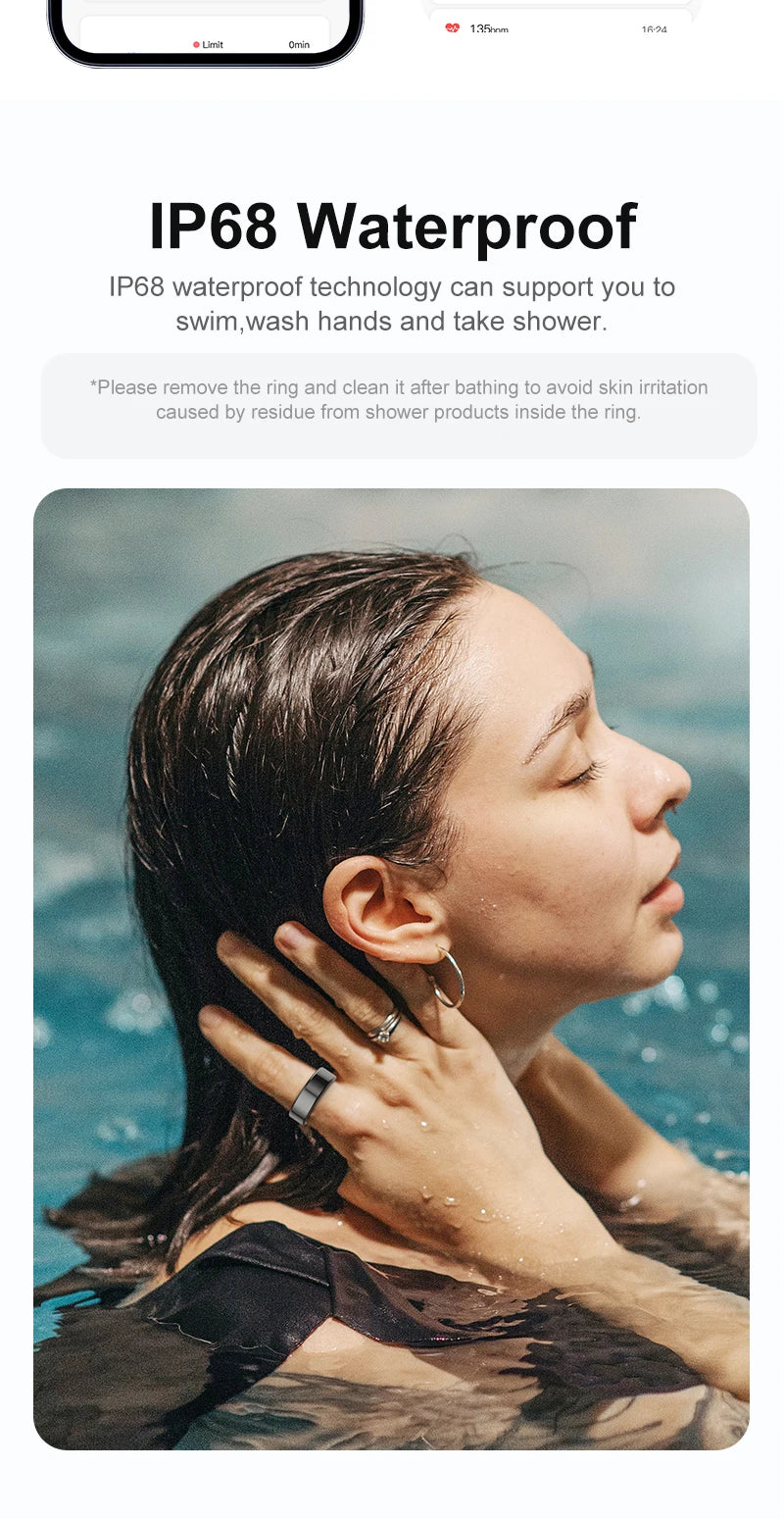 A sleek, black smart health tracking ring worn by a woman swimming in a pool. It is IP68 waterproof.