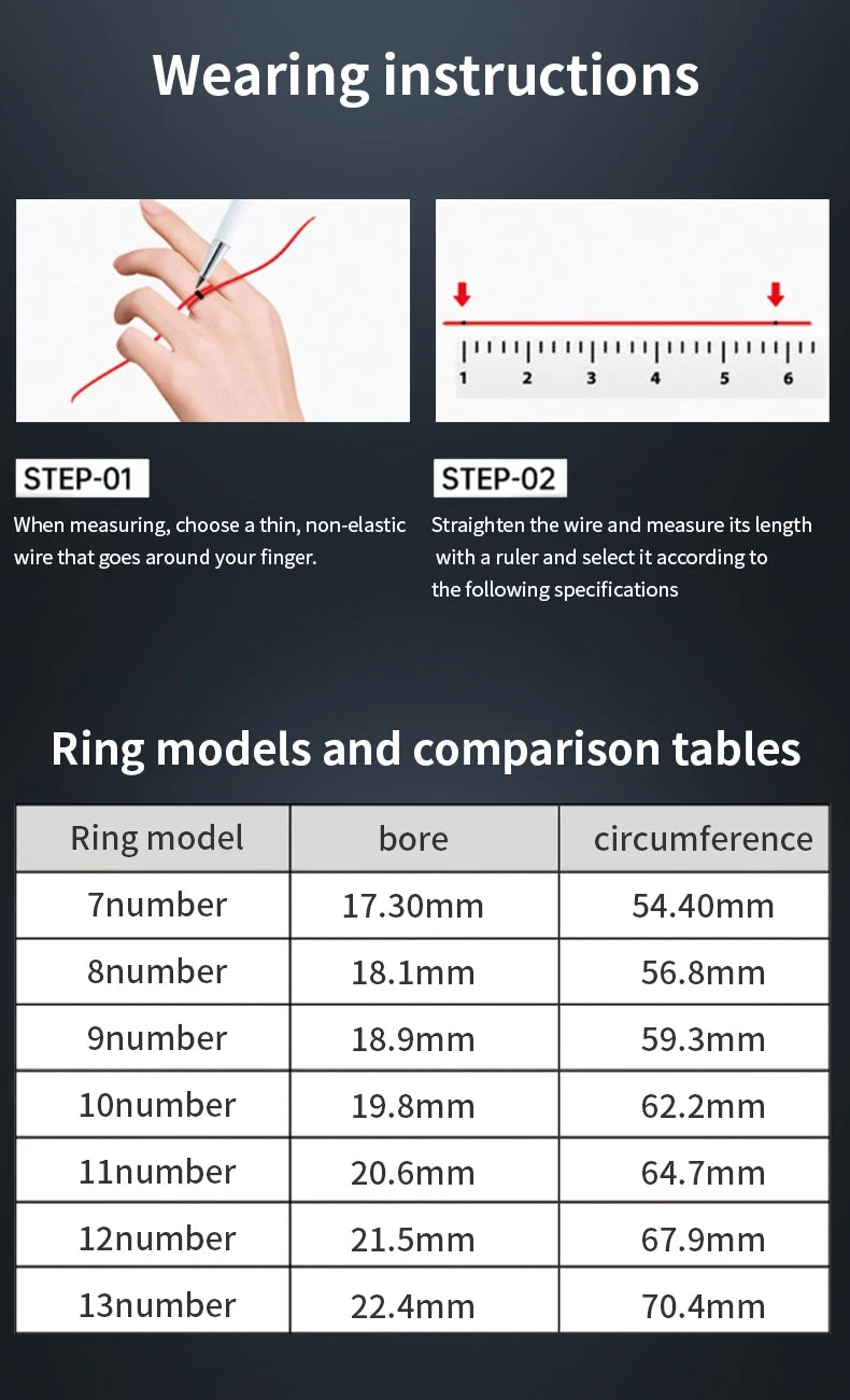 Instructions for measuring finger size with string and ruler, plus a ring size conversion table for the smart ring.