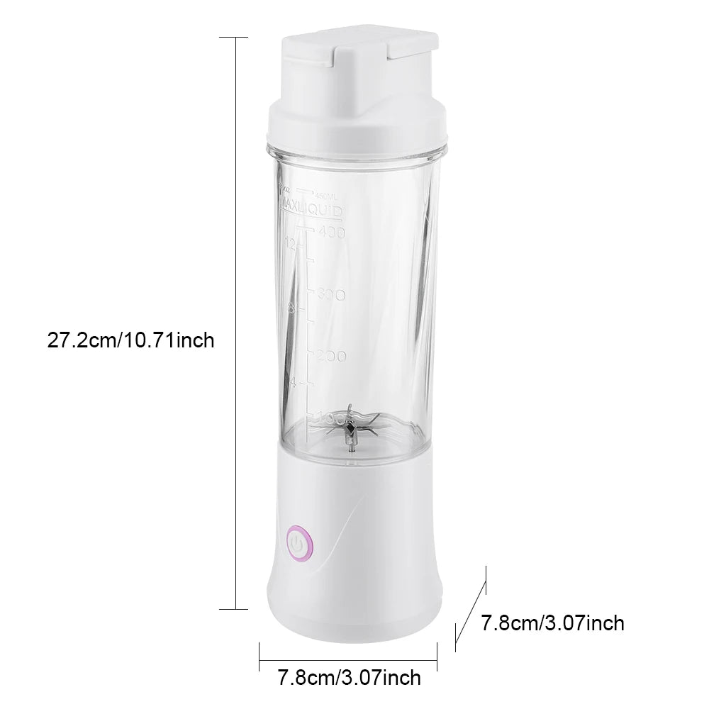 Portable white personal blender with clear plastic container, measuring lines, and power button, showing dimensions.