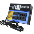2000W blue and black car power inverter with multiple USB ports, AC power sockets, and a 12V cigarette lighter plug.