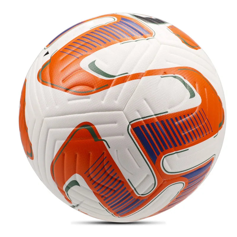 White football featuring bold orange and dark blue graphic panels with textured detailing, isolated on a white background.