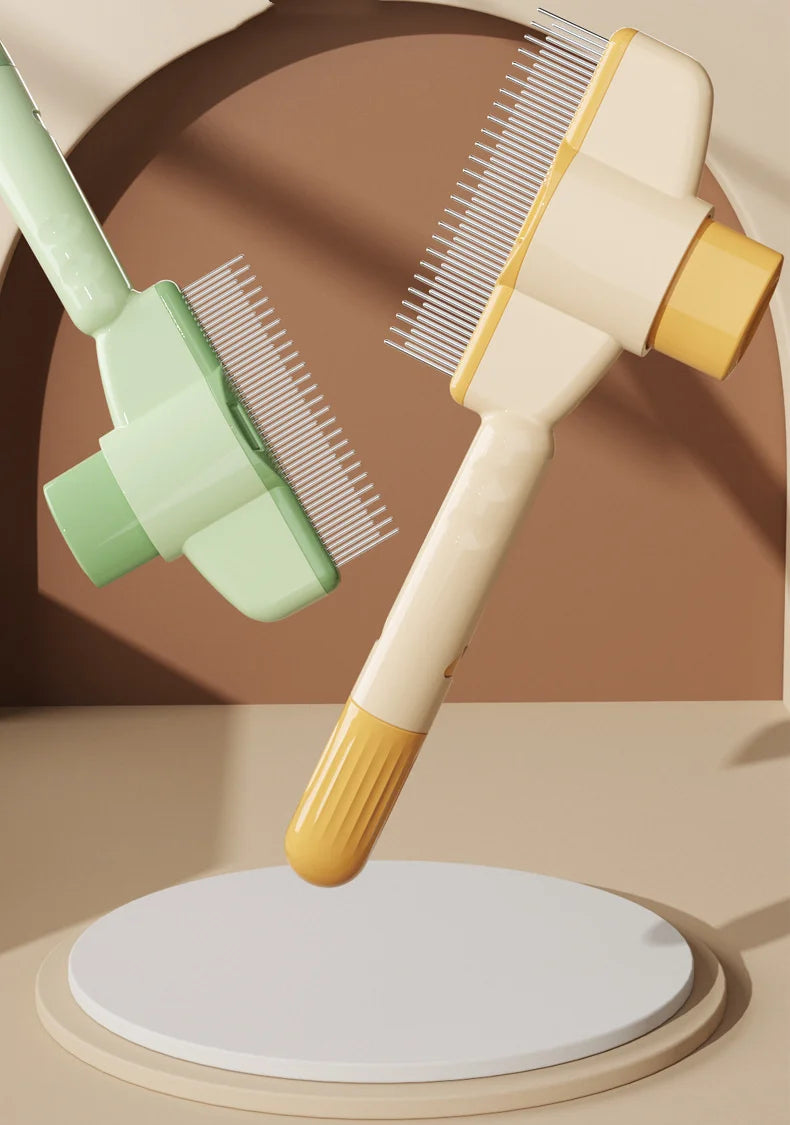 Two self-cleaning pet grooming brushes in sage green and cream-yellow, displayed on a minimalist background.