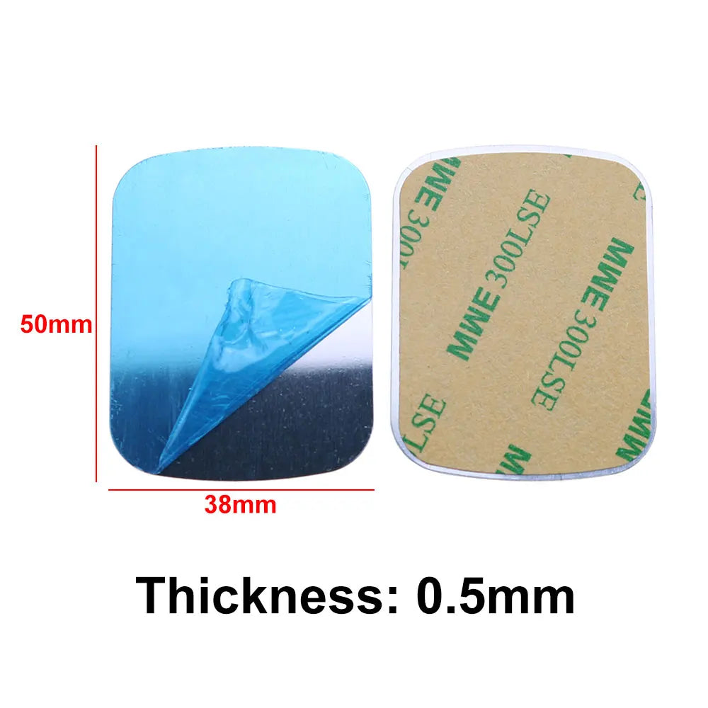 Rectangular metal adhesive plates, 50x38mm, 0.5mm thick. One side has blue protective film, the other has adhesive.