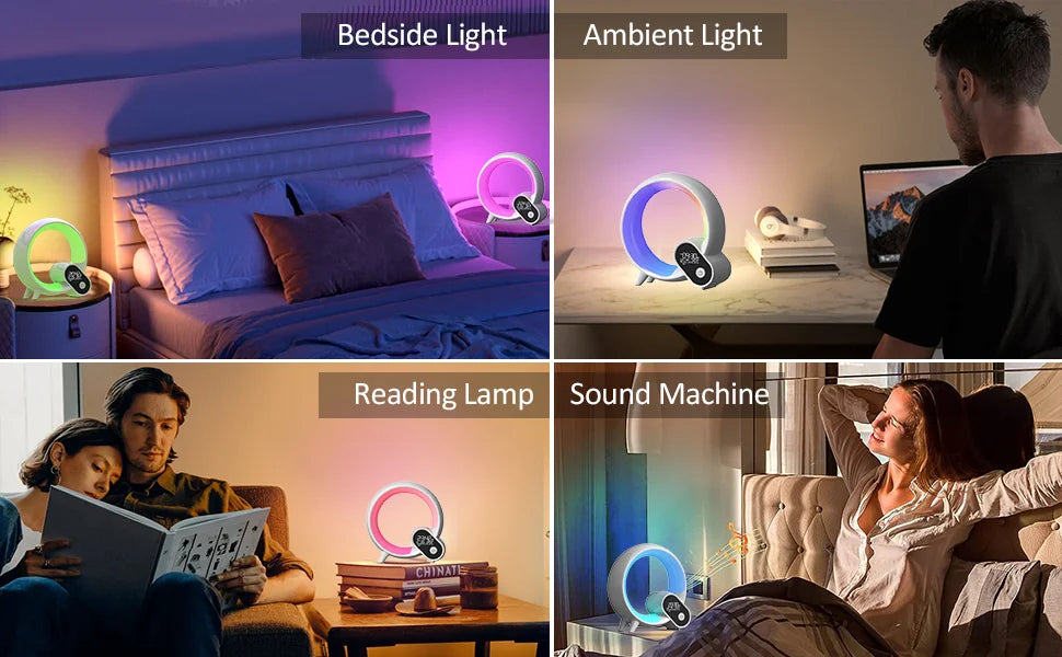 Circular white smart LED light and alarm clock, shown as a bedside lamp, reading light, and sound machine.