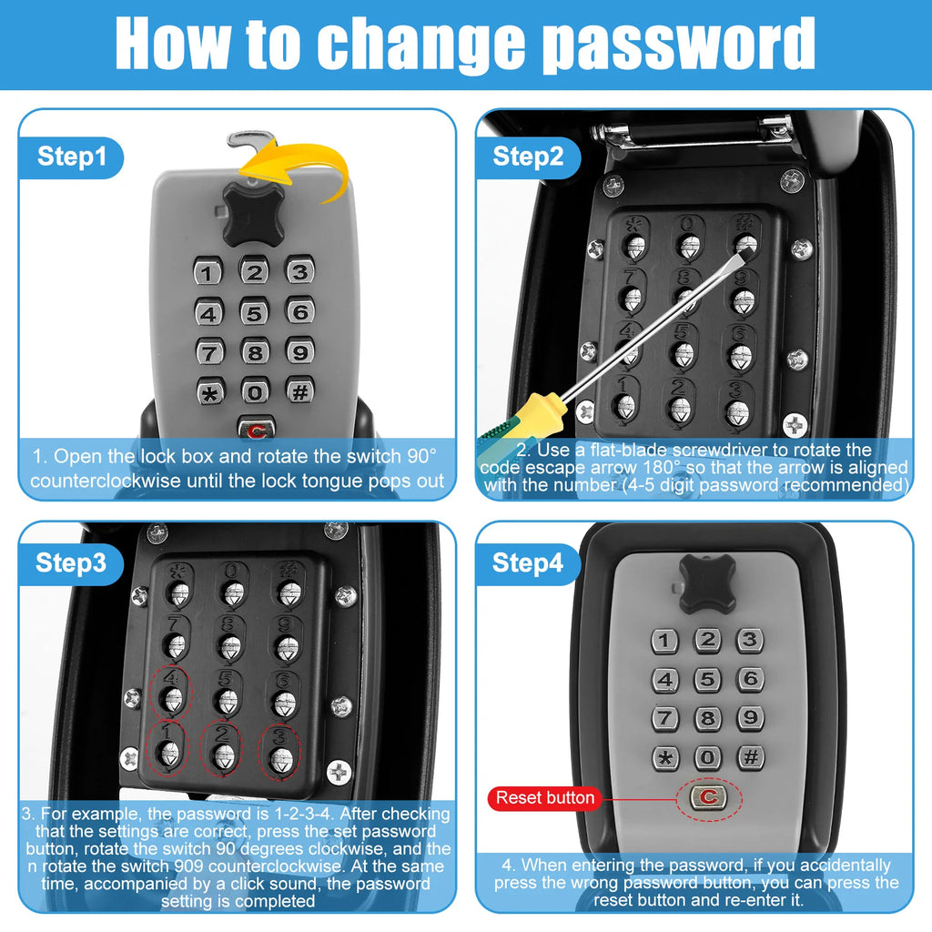 Four-step instructional graphic showing how to change the password on a black and grey wall-mounted metal key lock box.