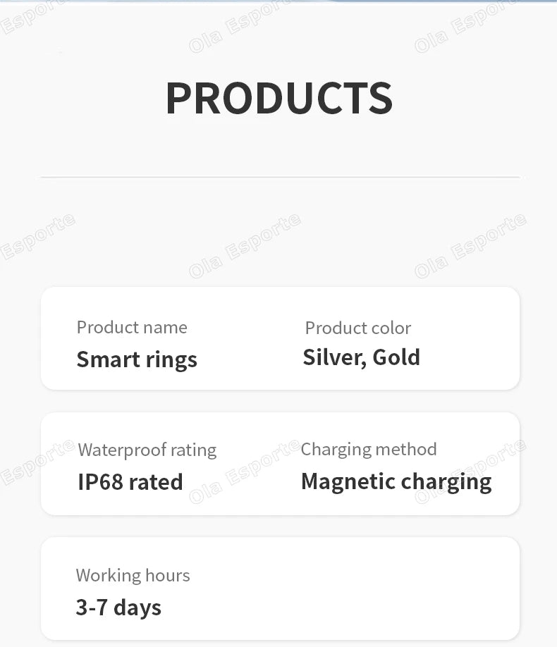 Silver and gold smart fitness rings. Features: IP68 waterproof rating, magnetic charging, 3–7 day battery life.