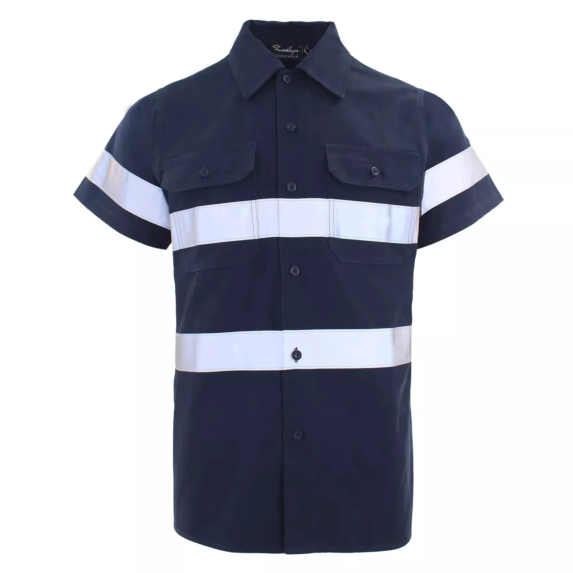 Navy blue short-sleeve work shirt with chest pockets and silver reflective tape strips across the chest and sleeves.
