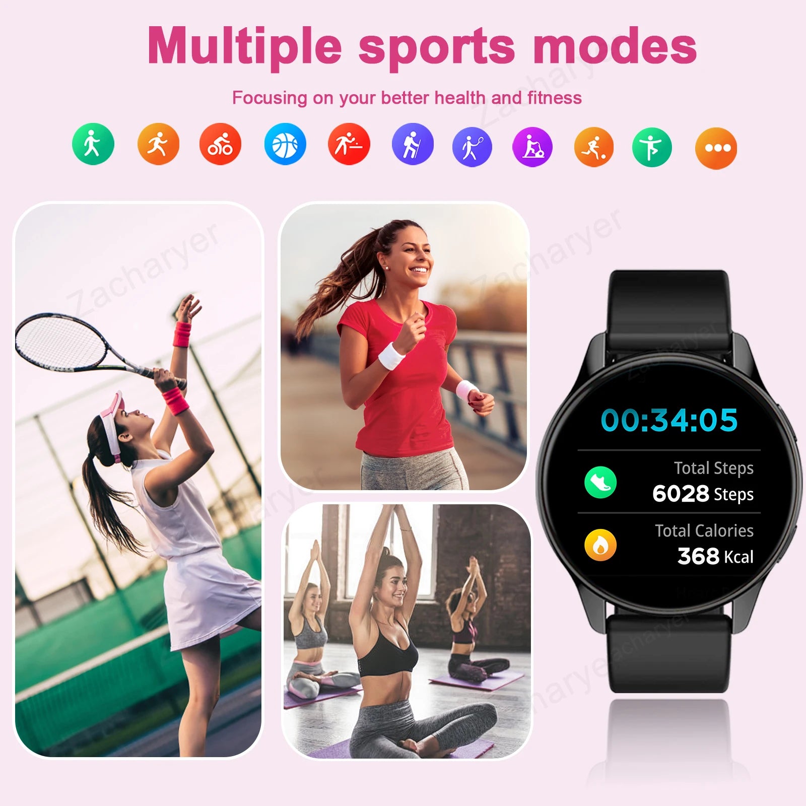 Black round smart watch displaying steps and calories, alongside images of women exercising to highlight sports modes.