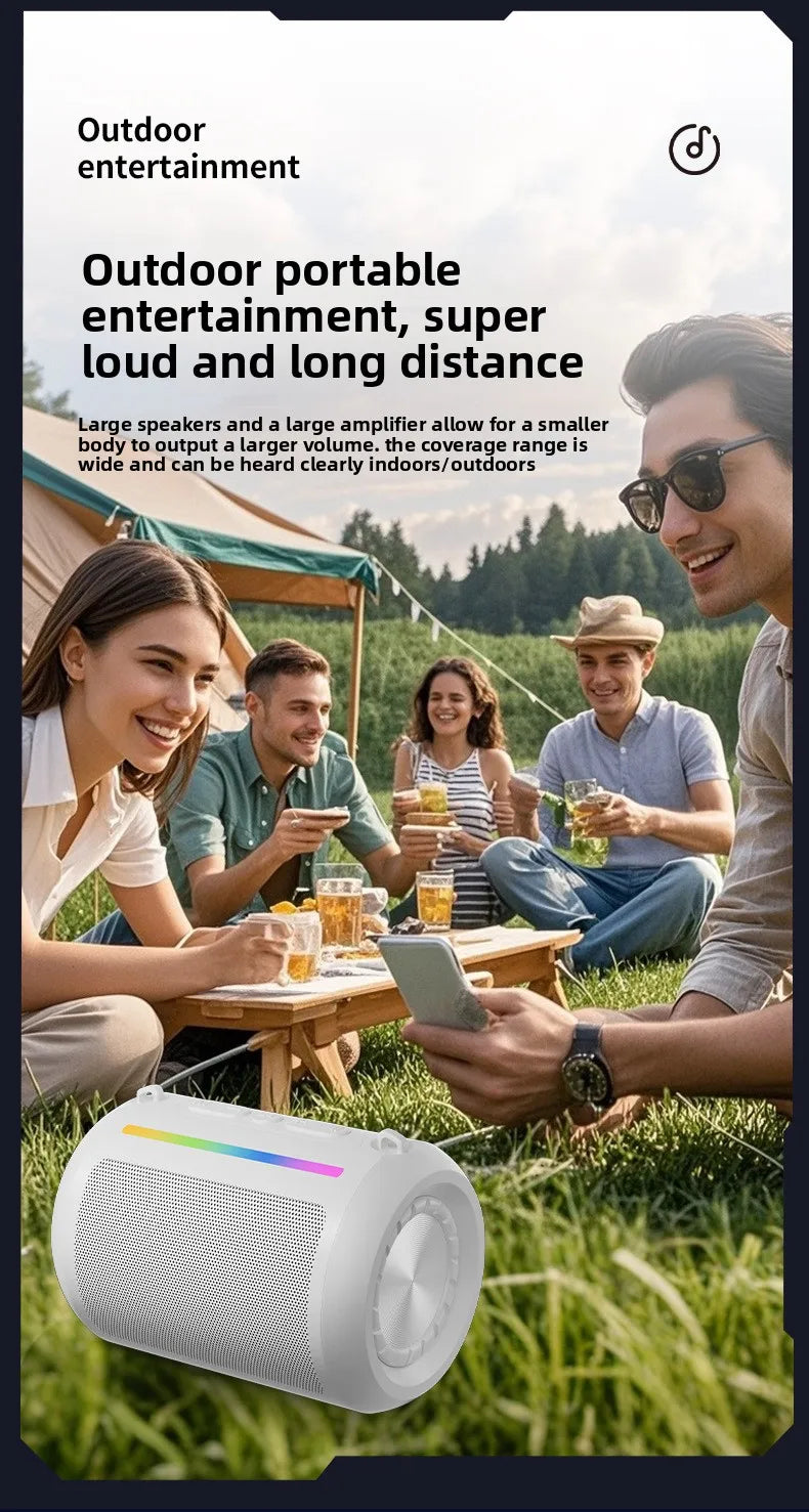 White portable Bluetooth speaker with a colourful RGB LED light strip, shown in an outdoor camping setting.