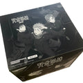 Jujutsu Kaisen trading card booster box featuring Megumi, Yuji, and Nobara in black and white.