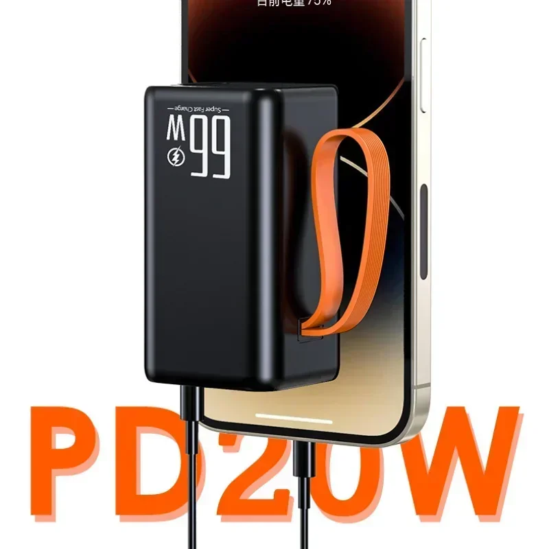 Black 20,000mAh portable power bank with a digital battery display, orange carry loop, and phone charging cable.