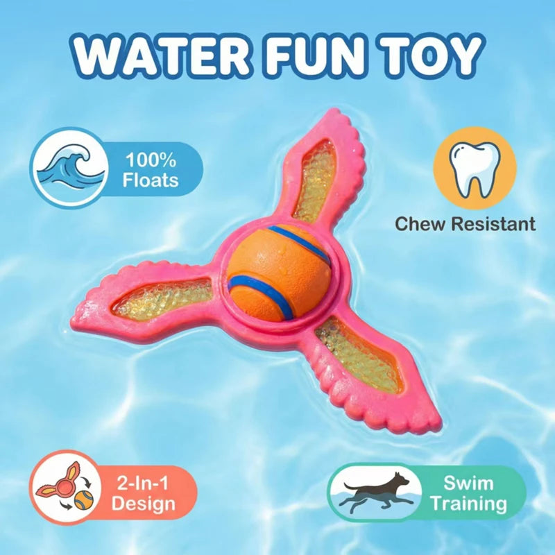 Pink 3-pronged floating dog fetch toy with a central orange ball, featuring icons highlighting it is chew resistant.