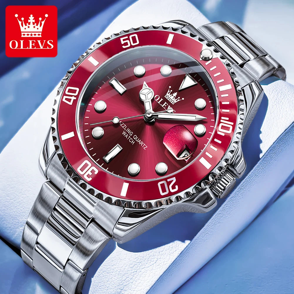 OLEVS men's silver quartz watch with a round red dial, matching red bezel, and stainless steel link bracelet.