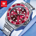 OLEVS men's silver quartz watch with a round red dial, matching red bezel, and stainless steel link bracelet.