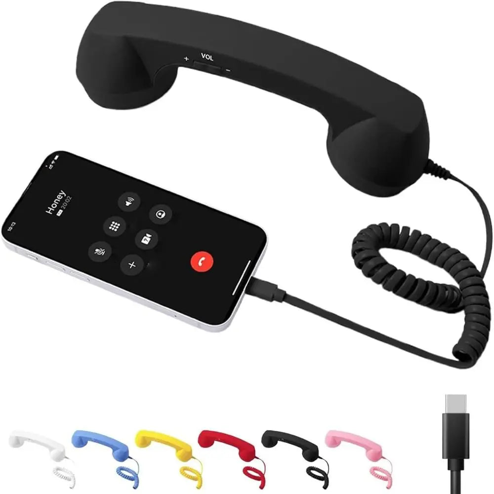 Black retro-style phone handset with coiled cable, shown connected to a smartphone for nostalgic handheld calling.