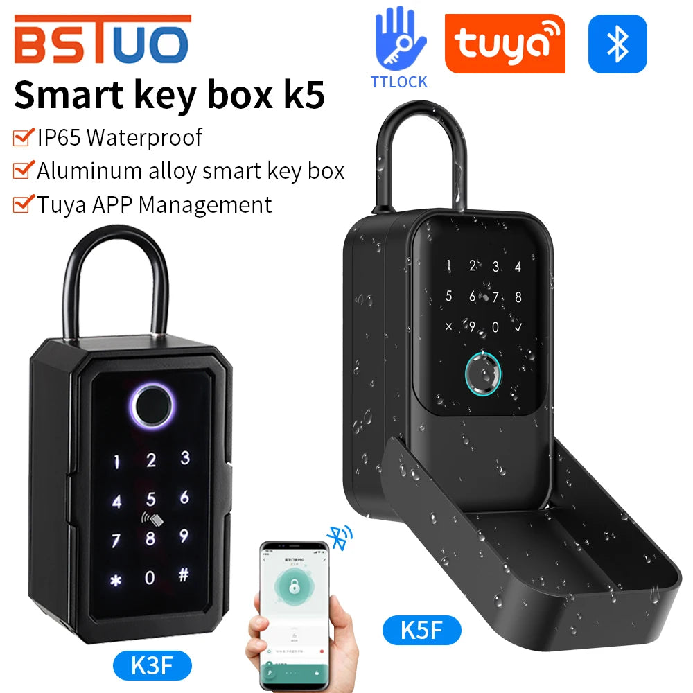 Black aluminum alloy smart key box with numeric keypad, Bluetooth app control, and waterproof design.