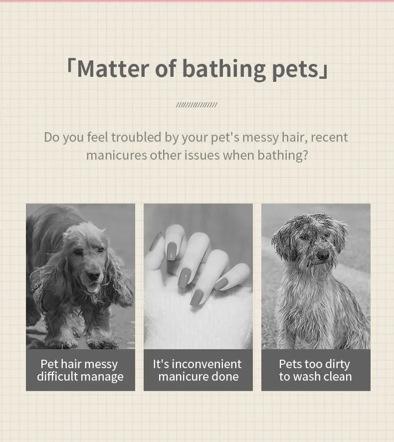 Information graphic in cream, showing three black-and-white photos of dogs and manicured nails regarding pet bathing.