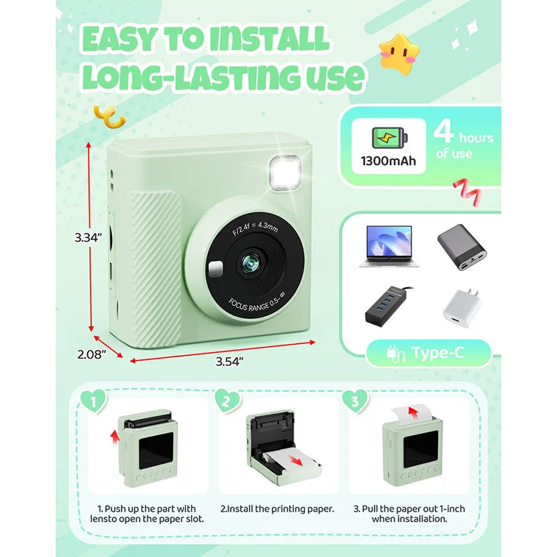 Light green plastic instant print camera with a 1300mAh rechargeable battery, Type-C port, and paper loading steps.