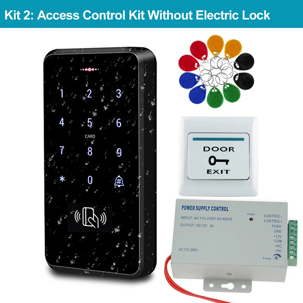 Black access control keypad, white door exit button, metal power supply unit, and assorted colored plastic key tags.