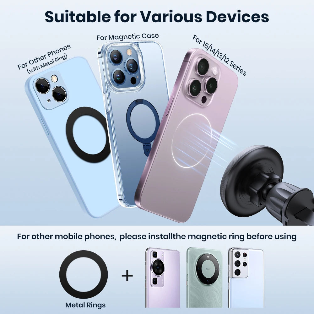 Three smartphones in light blue, clear, and pink attach to a magnetic car mount using adhesive metal rings.