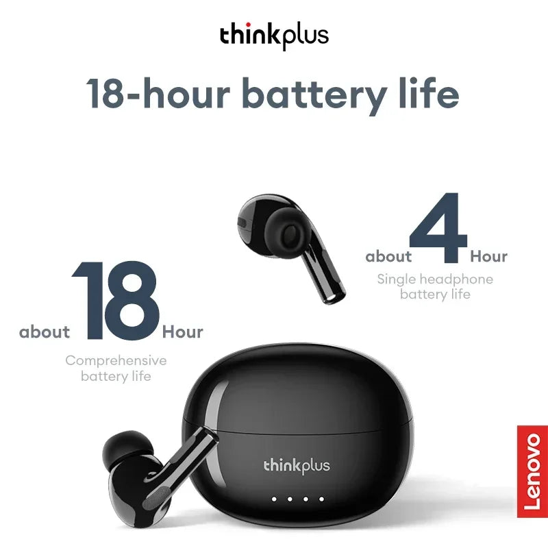 Black wireless earbuds with a sleek, compact charging case. Highlights 18-hour total and 4-hour single battery life.