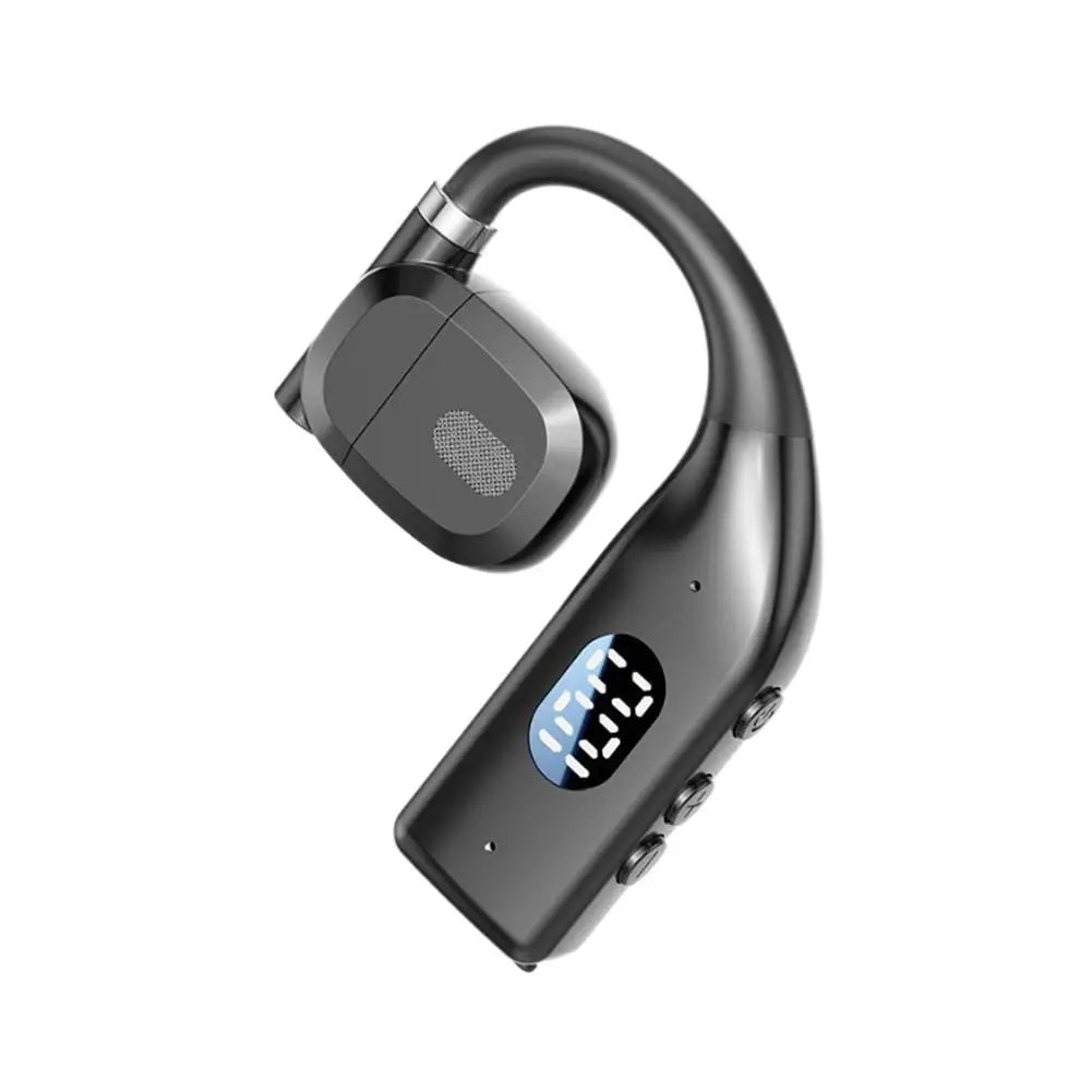 Black ear-hook wireless earbud with a digital battery display screen and side control buttons.