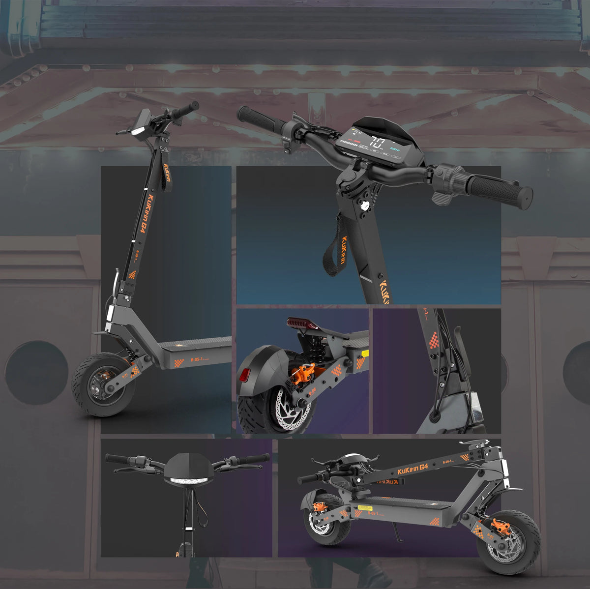 Dark grey G4 adult electric scooter featuring orange accents, wide deck, dual disc brakes, and digital display.