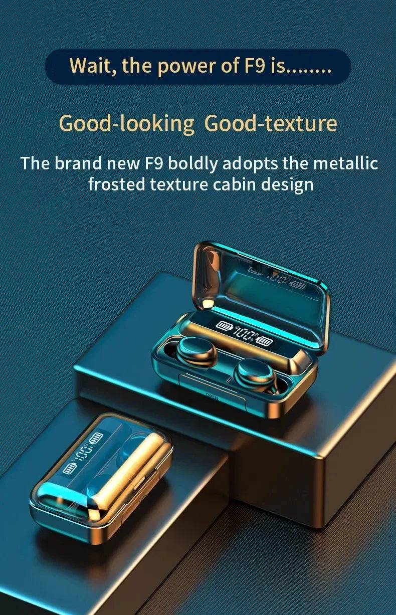 Wireless earbuds in a metallic, frosted-texture charging case with a digital battery display.