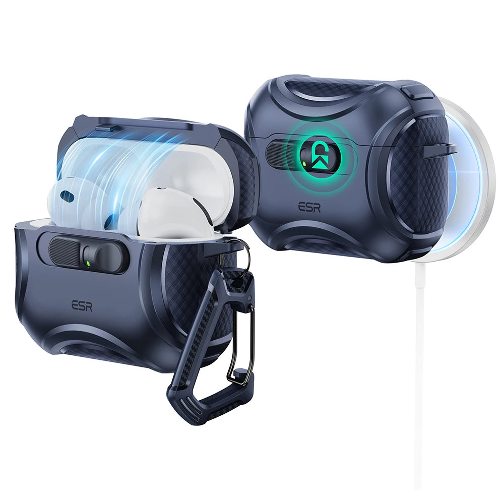 Dark blue rugged protective case for AirPods with carabiner, featuring secure locking mechanism and wireless charging.