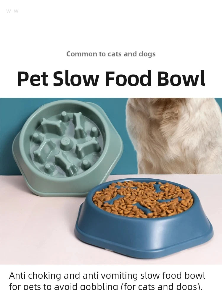 Sage green and blue plastic slow feeder bowls for pets, featuring internal bone-shaped obstacles to pace eating.