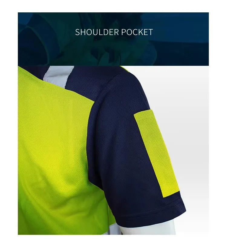 Close-up of a high-visibility work shirt in navy and neon yellow, featuring a practical sleeve pocket.