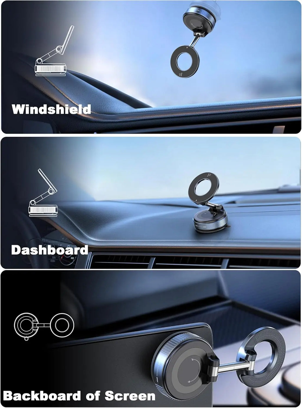 Versatile silver and black magnetic car phone mount for windshield, dashboard, or screen mounting.