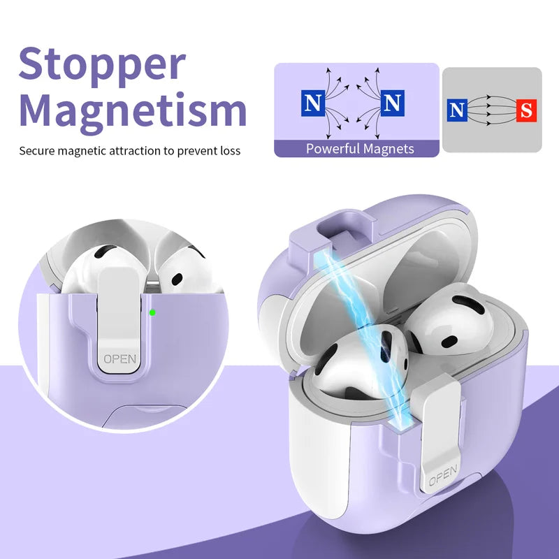 Lilac silicone magnetic protective case for AirPods 3, featuring a secure "open" clasp and durable material.