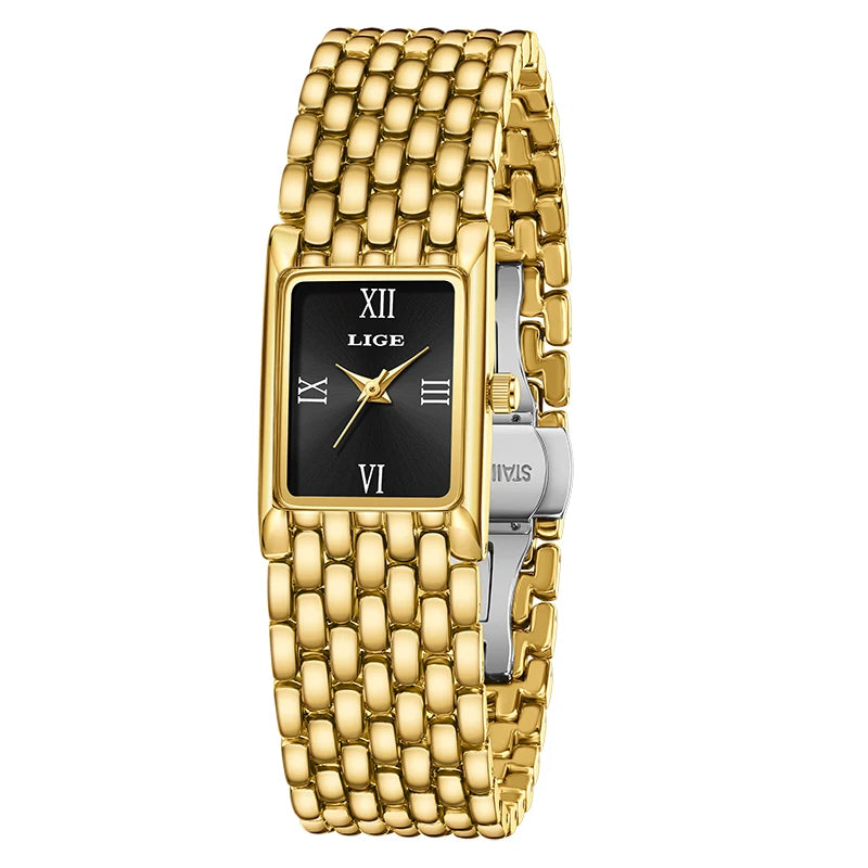 Luxury ladies' gold-tone square watch with a black dial, Roman numeral markers, and a polished link bracelet.