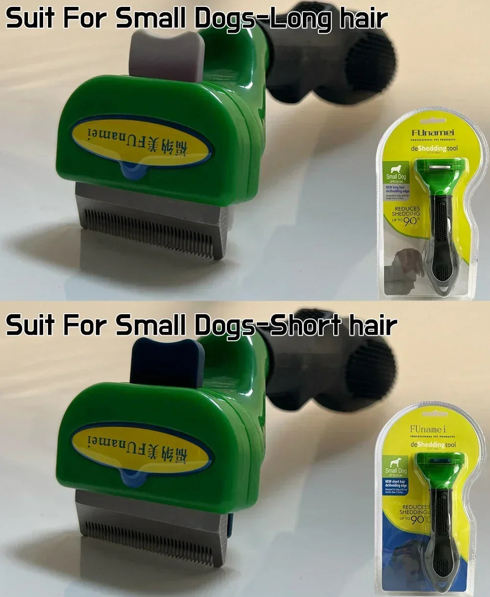 Funamei deshedding tool for small dogs, featuring a green handle, metal comb, and ejector button, in retail packaging.
