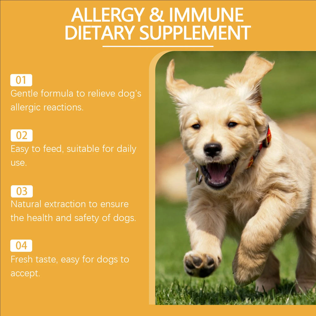 Golden puppy running on grass, promoting a natural allergy and immune dietary supplement for dogs.