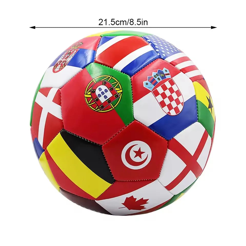 Football featuring a multi-national flag design. Standard 21.5cm size with vibrant, multi-coloured paneled construction.