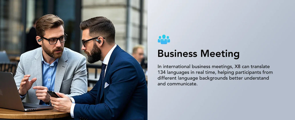 Two men in business suits wearing small, sleek black ear-worn language translation devices while using a laptop.