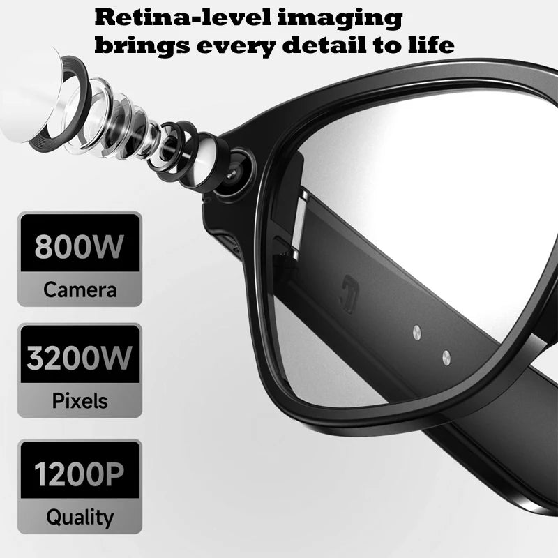 Black smart glasses featuring a built-in HD camera, showing an exploded view of the lens technology and image specs.