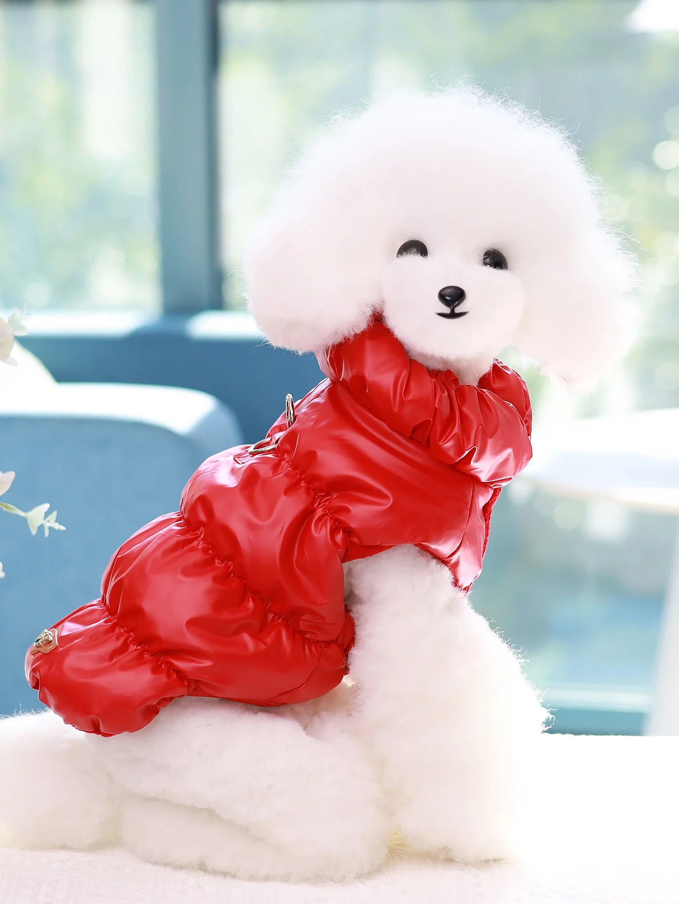 A white poodle wearing a glossy, bright red padded winter puffer jacket with an integrated collar and harness ring.