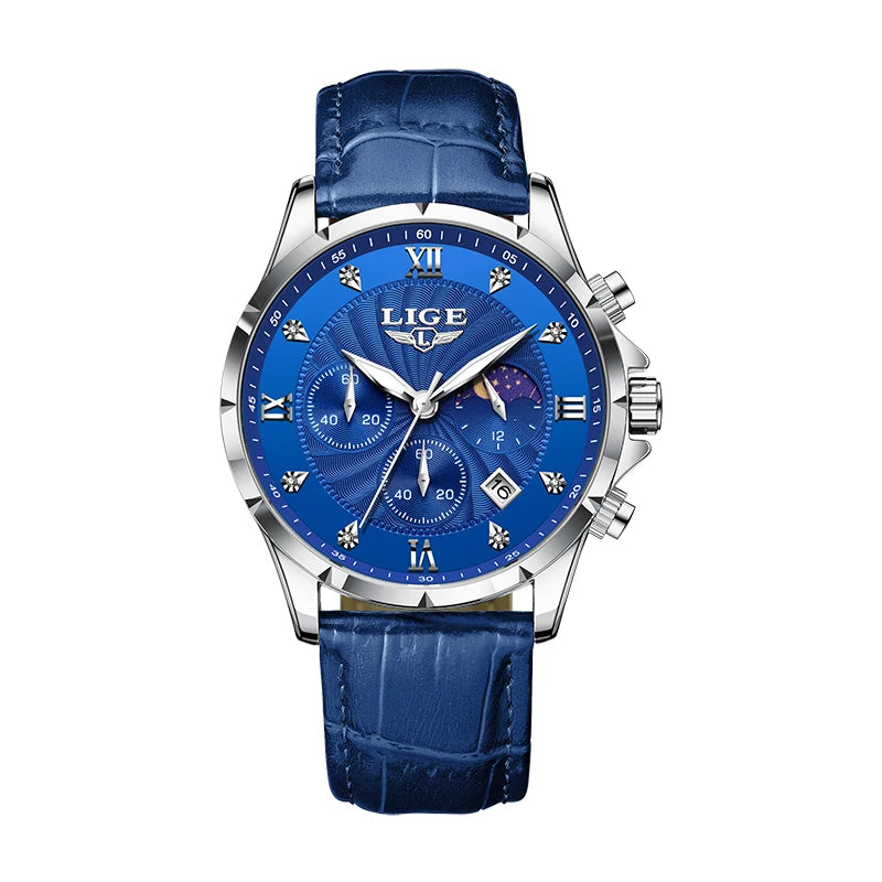 Men's chronograph watch with a blue patterned dial, silver-tone case, and a textured blue leather strap.