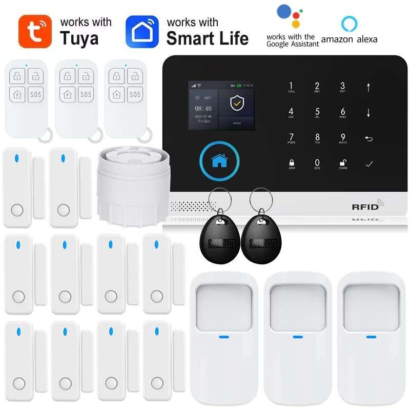 Wireless home security alarm kit in white, including a touchscreen hub, motion sensors, door contacts, and key fobs.