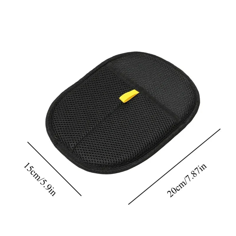 Oval black mesh cleaning mitt with a small yellow hanging loop, measuring 15cm by 20cm.