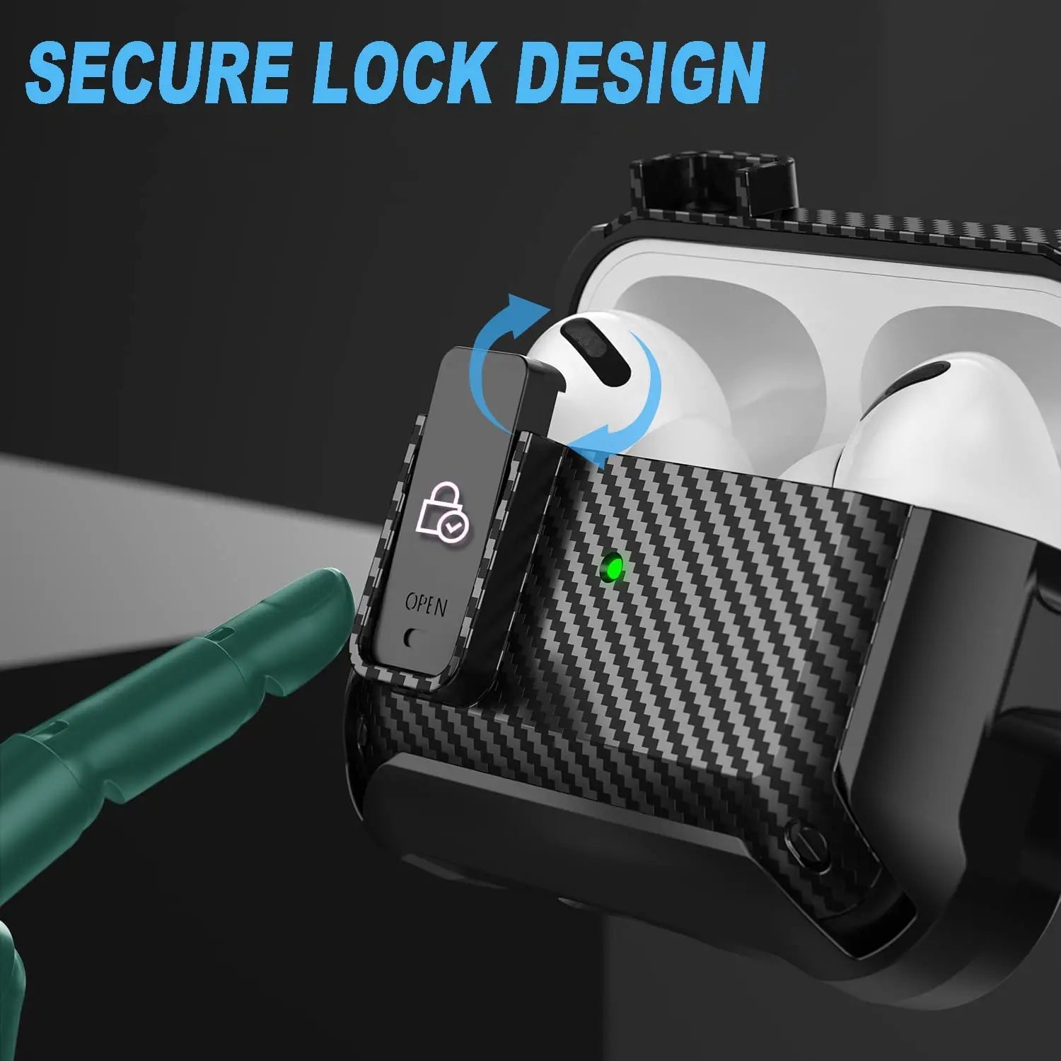 Black carbon fibre-style secure lock case for AirPods Pro, featuring a locking mechanism.